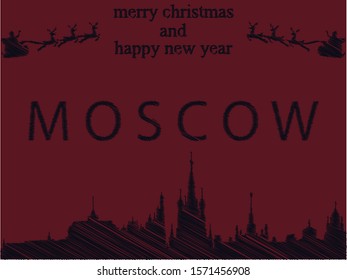Vector illustration of Christmas and new year Blue Sketch Cityscape Silhouette Postcard of Moscow on red background