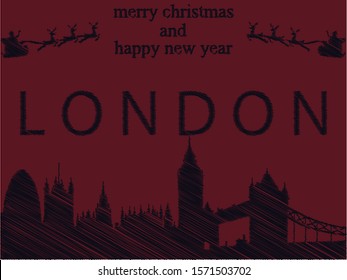 Vector illustration of Christmas and new year Blue Sketch Cityscape Silhouette Postcard of London on red background