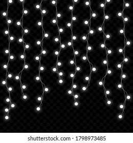 Vector illustration of Christmas, New Year lights isolated on background. Set of color string garlands. Realistic party decorations with transparency. Glowing light for holiday greeting card design. 