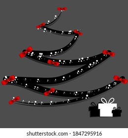 Vector illustration. Christmas and New Year modern minimalistic background. Abstract linear Christmas tree, snow, gift boxes.