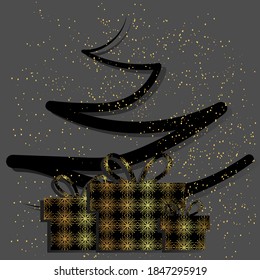 Vector illustration. Christmas and New Year modern minimalistic background. Abstract linear Christmas tree, snow, gift boxes.
