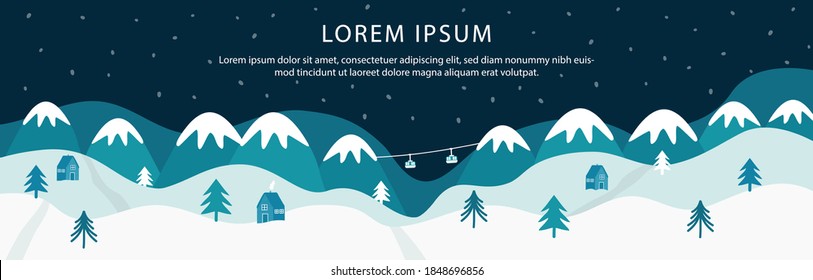 Vector illustration of the Christmas, New Year winter landscape with houses, mountains, trees. Winter landscape background with falling snow, spruce forest silhouette. 