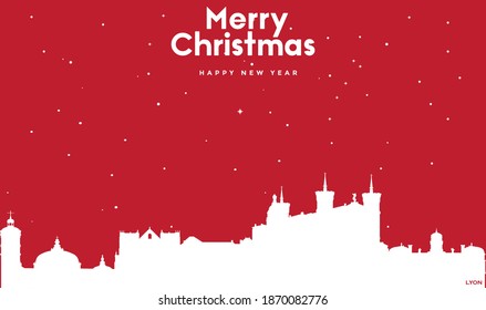 vector illustration of Christmas and new year red greeting card with white cityscape of Lyon