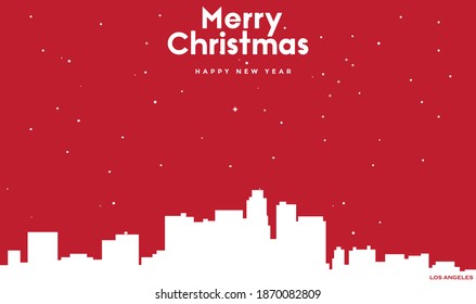 vector illustration of Christmas and new year red greeting card with white cityscape of Los Angeles