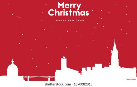vector illustration of Christmas and new year red greeting card with white cityscape of Toulouse