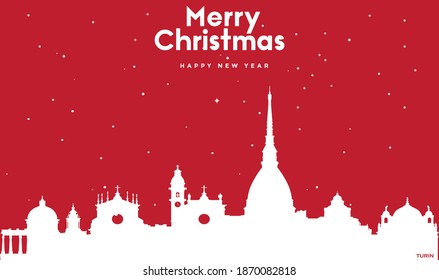 vector illustration of Christmas and new year red greeting card with white cityscape of Turin