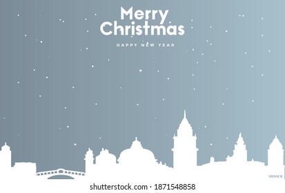 vector illustration of Christmas and new year blue greeting card with white cityscape of Venice
