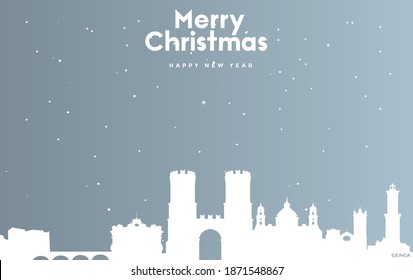vector illustration of Christmas and new year blue greeting card with white cityscape of Genoa
