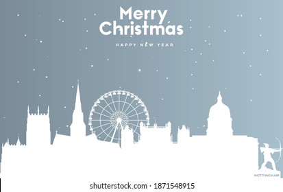 vector illustration of Christmas and new year blue greeting card with white cityscape of Nottingham