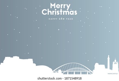 vector illustration of Christmas and new year blue greeting card with white cityscape of Newcastle