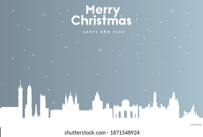 vector illustration of Christmas and new year blue greeting card with white cityscape of Madrid