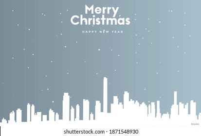 vector illustration of Christmas and new year blue greeting card with white cityscape of Miami