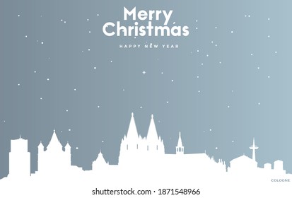 vector illustration of Christmas and new year blue greeting card with white cityscape of Cologne