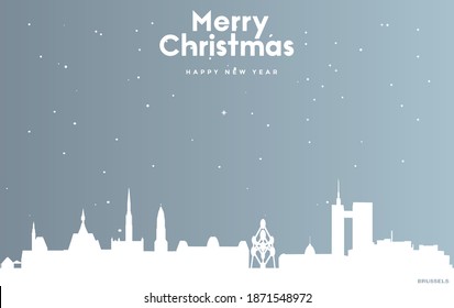 vector illustration of Christmas and new year blue greeting card with white cityscape of Brussels