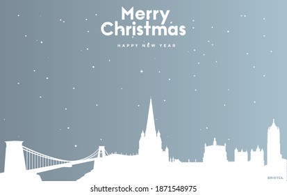 vector illustration of Christmas and new year blue greeting card with white cityscape of Bristol