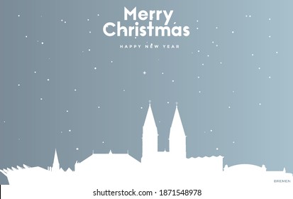 vector illustration of Christmas and new year blue greeting card with white cityscape of Bremen