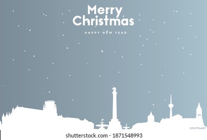 vector illustration of Christmas and new year blue greeting card with white cityscape of Stuttgart
