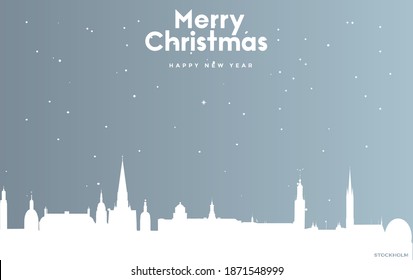 vector illustration of Christmas and new year blue greeting card with white cityscape of Stockholm