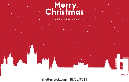 vector illustration of Christmas and new year red greeting card with white cityscape of Sevilla