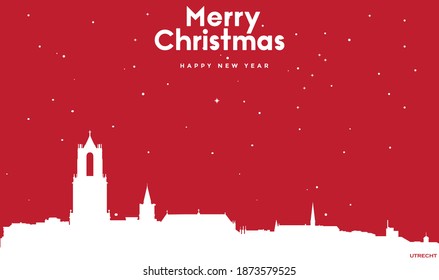 vector illustration of Christmas and new year red greeting card with white cityscape of Utrecht