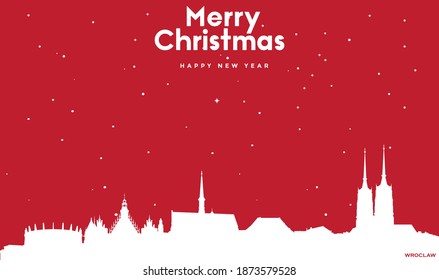 vector illustration of Christmas and new year red greeting card with white cityscape of Wroclaw