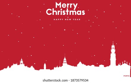 vector illustration of Christmas and new year red greeting card with white cityscape of Porto