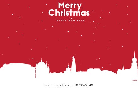 vector illustration of Christmas and new year red greeting card with white cityscape of Lodz