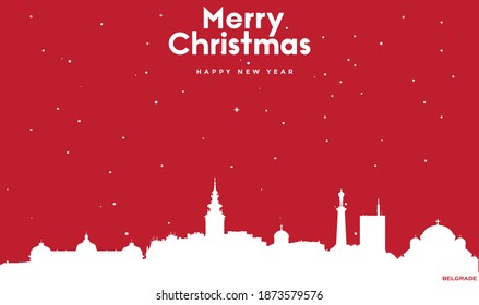 vector illustration of Christmas and new year red greeting card with white cityscape of Belgrade