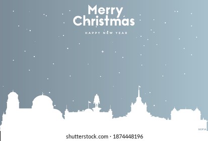 vector illustration of Christmas and new year blue greeting card with white cityscape of Sofia