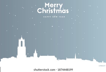 Vektorgrafik von Weihnachten und neujähriger blauer Grußkarte mit weißer Stadtlandschaft von Utrecht