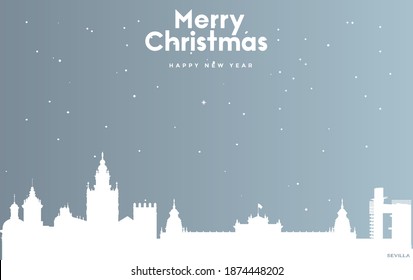 vector illustration of Christmas and new year blue greeting card with white cityscape of Sevilla