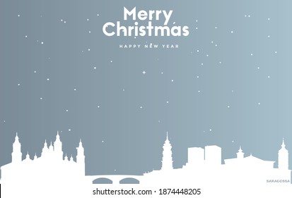 vector illustration of Christmas and new year blue greeting card with white cityscape of Zaragoza