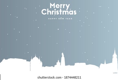 vector illustration of Christmas and new year blue greeting card with white cityscape of Lodz
