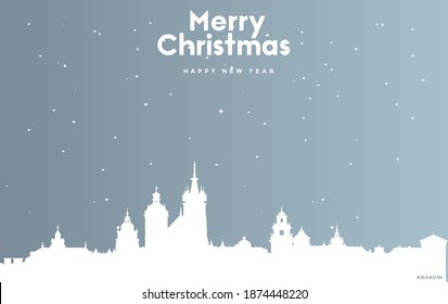 vector illustration of Christmas and new year blue greeting card with white cityscape of Krakow
