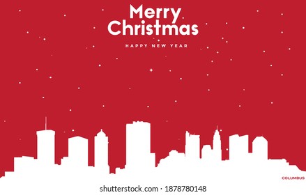 vector illustration of Christmas and new year red greeting card with white cityscape of Columbus