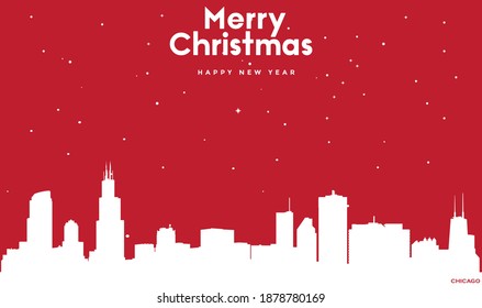 vector illustration of Christmas and new year red greeting card with white cityscape of Chicago