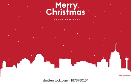 ilustración vectorial de la tarjeta de felicitación roja de Navidad y Año Nuevo con paisaje urbano blanco de San Antonio