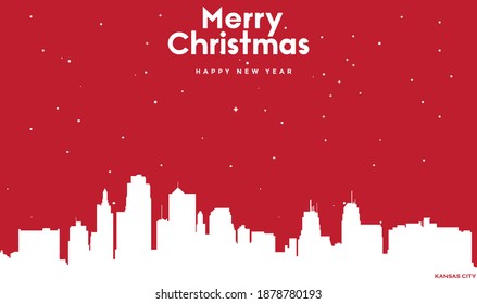 vector illustration of Christmas and new year red greeting card with white cityscape of Kansas City