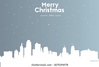 vector illustration of Christmas and new year blue greeting card with white cityscape of Kansas City