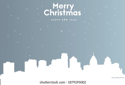 vector illustration of Christmas and new year blue greeting card with white cityscape of Philadelphia