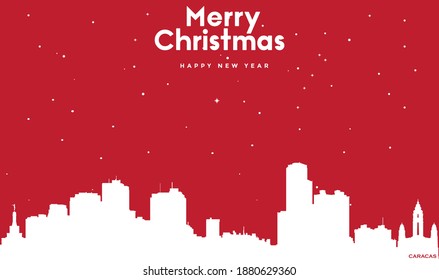 Vector Illustration Of Christmas And New Year Red Greeting Card With White Cityscape Of Caracas