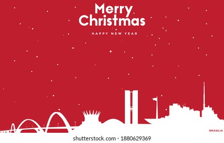 vector illustration of Christmas and new year red greeting card with white cityscape of Brasilia