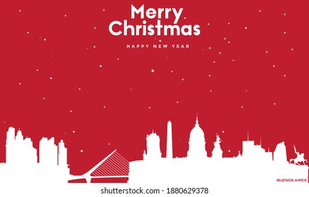 vector illustration of Christmas and new year red greeting card with white cityscape of Buenos Aires