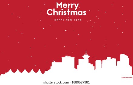 vector illustration of Christmas and new year red greeting card with white cityscape of Vancouver