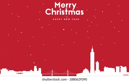 vector illustration of Christmas and new year red greeting card with white cityscape of Taipei
