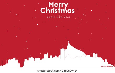 vector illustration of Christmas and new year red greeting card with white cityscape of Rio De Janeiro