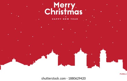 vector illustration of Christmas and new year red greeting card with white cityscape of Puebla