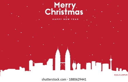 vector illustration of Christmas and new year red greeting card with white cityscape of Kuala Lumpur