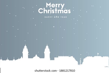 vector illustration of Christmas and new year blue greeting card with white cityscape of Lima