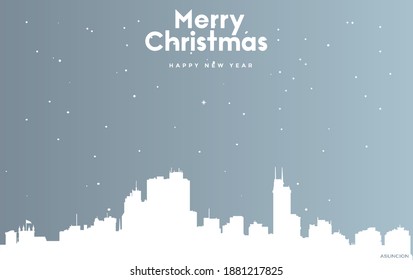 vector illustration of Christmas and new year blue greeting card with white cityscape of Asuncion